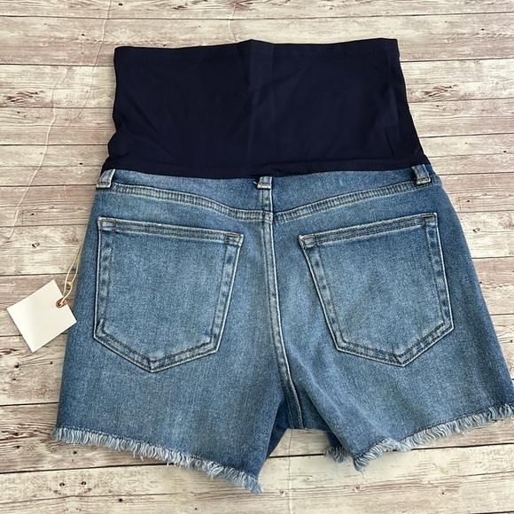 Pinkblush Medium Wash Fringe Hem Maternity Full Panel Denim Shorts - Picture 7 of 9